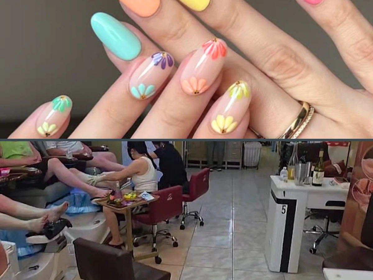 Nail salon stations with polish bottles and manicure tools.